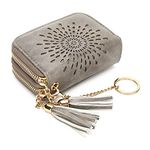 APHISON Credit Card Holder for Women RFID Blocking Card Case Ladies Small Wallets Zipper Purse 10 Card Slots Accordion Hollow Out Sunflower Tassels with ID Windows Double Zip Gray