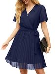 GRECERELLE Womens Summer Casual Wrap Dress Chiffon Cute Pleated Beach Tie Waist Dresses for Women (Navy Blue, L)