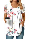 Bestbee Women's Dressy Chiffon Blouses Shirts Petal Short Sleeve Tunic Tops 2023 Summer Crewneck Casual T-Shirts with Pleated Strech Lightweight, Floral White, 2XL