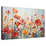 Colorful Wildflower Wall Art Daisy Poppy Floral Canvas Prints Pictures Abstract Nature Red Orange Pink Flowers Painting Modern Botanical Framed Artwork for Bathroom Living Room Home Decorations 12x16