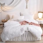 White Faux Fur Comforter Cover Queen Size - Fluffy Luxury Ultra Soft Plush Comforter 3 Pieces (1 Shaggy Duvet Cover + 2 Pillow Shams) Faux Fur Fuzzy Bedding Set (White, Queen)