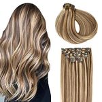 SURNEL Clip in Human Hair Extensions Silk Soft Remy Human Hair Color 4 Medium Brown Highlighted 27 Caramel Blonde Clip in Hair Extensions 18 inch 120 Gram 6 Pcs Double Weft (C#4P27, 18'')