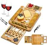 Mofish Cheese Board and Knife Set, Bamboo Charcuterie Board Set, 13’’x13’’ Cheese Serving Tray with 4 Knives, Drawer and Wine Opener for Housewarming Wedding Birthday Valentine's Day Gift