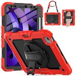 Timecity Case for iPad Air 5th/ 4th Generation 10.9 inch 2020/2022, Shockproof Protective Case with Screen Protector, 360° Rotating Stand, Hand/Shoulder Strap Case for iPad Air 4/5 Case, Black/Red