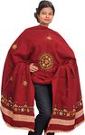 Exotic India Women's Shawl from Kutch with Central Embroidered Chakra and Mirrors Pure Wool Shawl (SWD54--deep-claret)