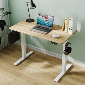 Ufurniture Standing Desk, Electric Height Adjustable Ergonomic Sit Stand Desks with 2 Hooks and Cable Management,Whole Piece Desktop, 100 x 55 cm, White Frame+Oak Desktop