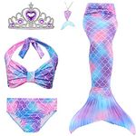 Swimmable Mermaid Tail Bikini Set 3pcs no Monofin Princess Dress Girls Kids Cosplay Purple