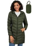 SLOW DOWN Women Lightweight Down Puffer Coat, Women Hooded Mid-Length Packable Winter Jacket with 2 Packing Bag (Olive Green, M)