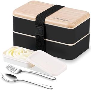 Original Bento Box Lunch Boxes Container Bundle Divider Japanese Style with Stainless Steel Utensils Spoon and Fork (Black)