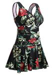 MiYang Women's Plus Size One Piece Swimdress Flower Printed Swimsuit Tummy Control Bathing Suit with Skirt Black Flower Large