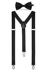 Boolavard Solid Color Mens Suspender Bow Tie Set Clip On Y Shape Adjustable Braces (Black)