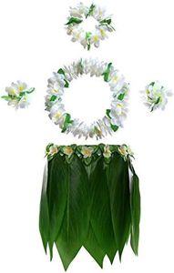 KEFAN Leaf Hula Skirt and Hawaiian Leis Set Grass Skirt with Artificial Hibiscus Flowers for Hula Costume and Beach Party (F)