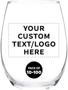 DISCOUNT PROMOS Custom Stemless Wine Glass 9 oz. Set of 10/50/100, Personalized Bulk Pack - Great for Wedding Favors, Bachelorette Party Decorations, Party Favors - Clear
