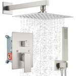Rain Shower System Brushed Nickel Wall Mount Pressure Balancing Square 10 Inch Rainfall Showerhead Shower Faucet Complete Set with Handheld Sprayer Rough-in Valve Body and Trim Included