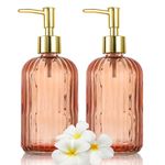 HIYAA Glass Soap, Versatile 14 Oz Dripless Pump Bottle, Refillable Liquid Hand Jar Dispenser for Bathroom, Countertop, Kitchen, Laundry Room (Amber, 2 Pack)