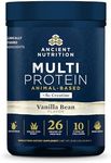 Ancient Nutrition Multi Protein Animal Based Powder + Creatine, 26g Protein, Grass Fed Whey, Bone Broth, Collagen Peptides, 5g Creatine Monohydrate, Colostrum & Probiotics, Vanilla Bean, 15 Servings