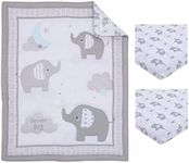 NoJo Elephant Stroll Dream Big Clouds & Stars with Chevron Border 3Piece Nursery Mini Crib Bedding Set - Comforter, & Two Fitted Mini Crib Sheets, Grey, White, Charcoal, Blue