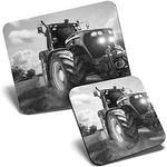 Mouse Mat & Coaster Set - BW - Farmer Tractor Vehicle Farm 23.5 x 19.6 cm & 9 x 9 cm for Computer & Laptop, Office, Gift, Non-slip Base #43953