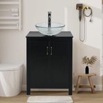 Puluomis 24 Inches Traditional Bathroom Vanity Set in Black Finish, Single Bathroom Vanity with Top and 2-Door Cabinet, Glass Sink Top with Single Faucet Hole