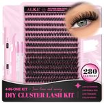 DIY Eyelash Extension Kit D Curl Fluffy Wispy Lash Clusters Individual Lashes Lash Extension Kit with Lash Bond and Seal Applicator Tool for Self Application at Home (80P-280Pcs-Mix10-16mm-0.07D)