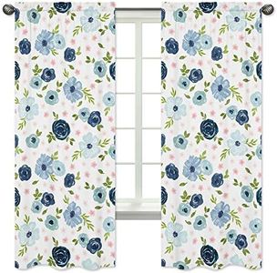 Sweet Jojo Designs Navy Blue and Pink Watercolor Floral Window Treatment Panels Curtains - Set of 2 - Blush, Green and White Shabby Chic Rose Flower