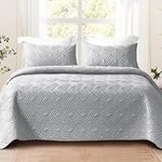 Whale Flotilla Quilt Set Queen Size, Soft Microfiber Lightweight Bedspread Coverlet Bed Cover (Wave Pattern) for All Seasons, Light Grey, 3 Pieces (Includes 1 Quilt, 2 Shams)