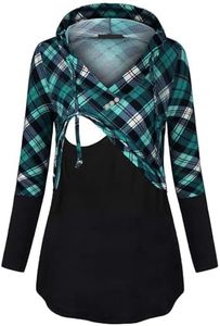 Quinee Plaid Shirts for Women, Latched Mama Long Sleeve Maternity Nursing Blouses Buttons V Neck Tunic Tops to Wear with Leggings Flared Roomy Leisure Breastfedding Pullover Sweatshirts Blue Black L
