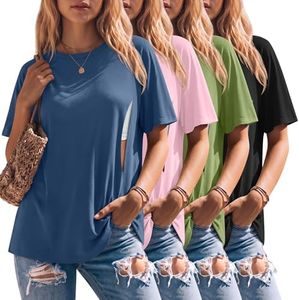 Yearntown 4 Pack Women Nursing T-Shirts for Breastfeeding Maternity with Hidden Zipper Oversized Summer Short Sleeve Tops(Large,Haze Blue, Pink, Olive Green, Black)