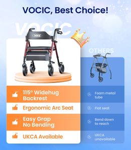 VOCIC Foldable Rollator Walker with Seat, Brakes & Bag – Adjustable Height, 8'' Wheels, Lightweight, Purple