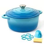 Parmedu Enameled Cast Iron Pot: 5L Heavy Duty Dutch Oven with Lid and Dual Handles in Blue - Silicone Accessories and Sponge Included, Ideal for Braising, Stewing, Roasting and Baking, Christmas