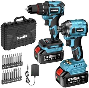 SEESII 21V Max Cordless Drill and Impact Driver, Power Tool Combo Kit Included 3/8'' Drill & 1/4'' Impact Driver, 2x 4000mAh Battery, Fast Charger, 20 pcs Driver Bit Set & Bag