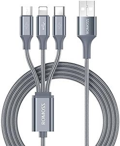 ROMOSS 3 in 1 Multi Charging Cable, 3.3ft/1m Universal USB C Cable Fast Charging Cord, USB to USB C/Micro USB/Lighting Cable for iPhone, Tablets, Galaxy, Google Pixel, LG and More(1 Pack)