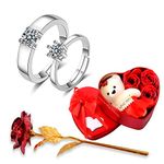 University Trendz Valentine Silver Plated Cute Crystal Stone Couple Ring With Artificial Red Rose Flower Box And Soft Teddy Bear For Girlfriend, Wife, Lover - Adjustable