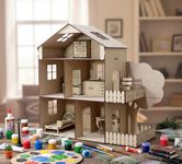 stonkraft Wooden Dollhouse with Furniture - Construction Toy, Modeling kit, School Project - Easy to Assemble (Doll House with Furniture) - Pine Wood, Beige(Pack of 1 Set)