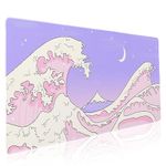 Pink Purple Japanese Anime Gaming Mouse Pad XXL Cute Kawaii Aesthetic Sea Wave Extended Large Desk Mat Non-Slip Rubber Base Stitched Edge Long Keyboard Mousepad for PC Computer Laptop,35.4×15.7 in