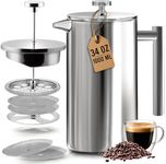 KICHLY 34 OZ French Press, Stainless Steel Double Walled Insulated Coffee Press with Refined Filters, Espresso and Tea Maker - Silver