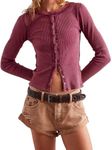 Womens Slim Fitted Cardigan Long Sleeve Y2K Ribbed Tops Button Down Shirts Dark Red