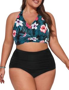 Hanna Nikole Womens Plus Size High Waisted Bikini Swimsuits Two Piece Bathing Suits Tummy Control Swimwear 14W