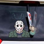 Hockey Masked Machete Killer WiperTags with Decal attaches to Rear Vehicle Wiper Accessory. All Weather Resistant and UV Protected. Quality Made in USA.