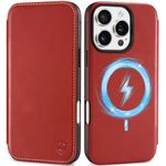 SHIELDON Wallet Case for iPhone 16 Pro 6.3" 2024, Genuine Leather SlimMagnetic Closure RFID Blocking Card Slot Shock-Absorbent Wireless Charging Case Compatible with iPhone 16 Pro 5G - Retro Red