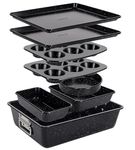 NutriChef Baking Tray Set, 8-Piece Non-Stick Oven Bakeware, Stackable Trays with Cookie, Loaf, Pizza, Muffin, Cake, Round, Square Pans, Durable Kitchen Set (Black Marble)