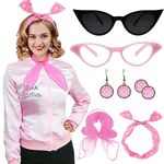 Beamely Pink Ladies Jacket Grease Outfits Pink Ladies Fancy Dress Grease Costume Pink Lady Jackets Grease Adults with 1950s Accessories Women-M