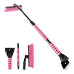 OUSHASAA 44" Ice Scraper and Snow Brush for Car Windshield with Extendable, 360° Pivoting, Soft Bristle Head, Foam Grip, for Car, Truck, SUV Window Tool (Pink)