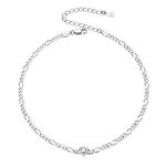 April Birthstone Ankle Bracelet 925 Sterling Silver 3mm Chain for Barefoot Figaro Anklets for Women, 8.5"-10.5"