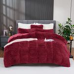 BLEUM CADE Fluffy Plush Duvet Cover Set Queen Size, Luxury Ultra Soft Velvet Fuzzy Comforter Cover Bed Sets 4Pcs(1 Faux Fur Duvet Cover + 2 Pillow Cases + 1 Pillow Cover) Zipper Closure (Queen, Red)