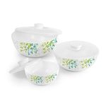 CELLO Opalware Green Orchard Mixing Bowls with Lid (500ml, 1000ml, 1500ml), 3 Units, White