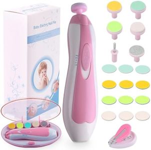 Baby Nail File Electric Nail Trimmer Manicure Set with Nail Clippers, Toes Fingernails Care Trim Polish Grooming Kit Safe for Infant Toddler Kids or Women, LED Light and 10 Grinding Heads, Pink/White