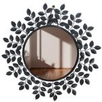 Furnish Craft Alloy Steel Beautiful Leaf Round Wall Mirror (Shiny Black, 24 x 24 inches, Framed)