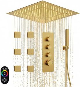 GRANDJOY Thermostatic Shower System, 20 Inch Ceiling Rainfall Shower Faucet Set with Handheld Sprayer & 64 RGB Led Light, Brushed Gold