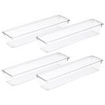 Amtido 4 Pack Drawer Organisers - Sturdy Clear Plastic - Versatile Storage for Kitchen, Bathroom, Utensils, Makeup, Office, and Desk Accessories (7.6cm x 30.5cm x 5.1cm)